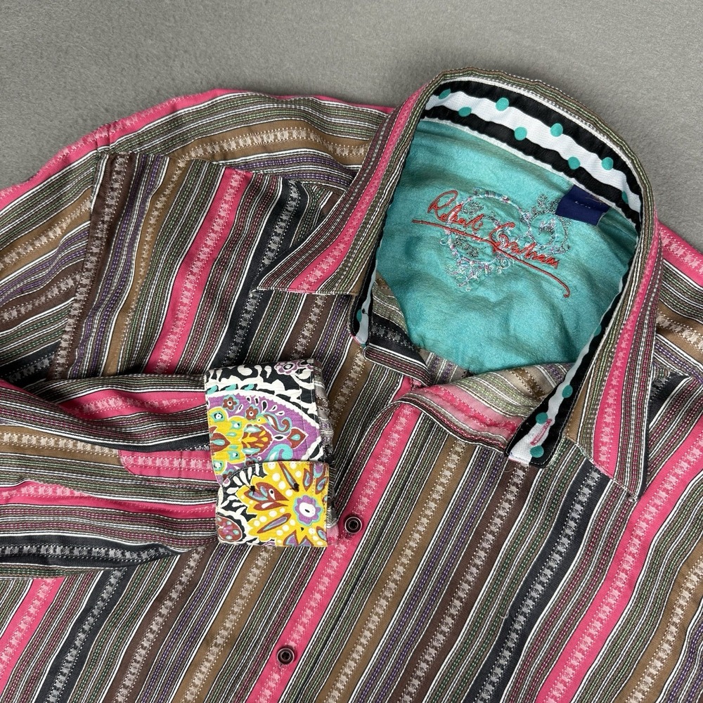 ROBERT GRAHAM Striped Button Down Shirt Floral Flip Cuff Pink Brown Blue L